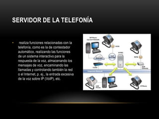 SERVIDOR DE LA TELEFONÍA


•    realiza funciones relacionadas con la
    telefonía, como es la de contestador
    automático, realizando las funciones
    de un sistema interactivo para la
    respuesta de la voz, almacenando los
    mensajes de voz, encaminando las
    llamadas y controlando también la red
    o el Internet, p. ej., la entrada excesiva
    de la voz sobre IP (VoIP), etc.
 