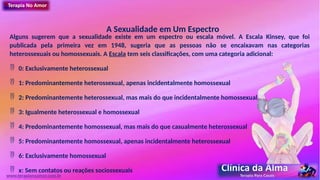 A Sexualidade em Um Espectro
Alguns sugerem que a sexualidade existe em um espectro ou escala móvel. A Escala Kinsey, que foi
publicada pela primeira vez em 1948, sugeria que as pessoas não se encaixavam nas categorias
heterossexuais ou homossexuais. A Escala tem seis classificações, com uma categoria adicional:
 0: Exclusivamente heterossexual
 1: Predominantemente heterossexual, apenas incidentalmente homossexual
 2: Predominantemente heterossexual, mas mais do que incidentalmente homossexual
 3: Igualmente heterossexual e homossexual
 4: Predominantemente homossexual, mas mais do que casualmente heterossexual
 5: Predominantemente homossexual, apenas incidentalmente heterossexual
 6: Exclusivamente homossexual
 x: Sem contatos ou reações sociossexuais
www.terapianoamor.com.br
 