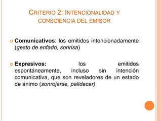 CRITERIO 2: INTENCIONALIDAD Y
CONSCIENCIA DEL EMISOR



Comunicativos: los emitidos intencionadamente
(gesto de enfado, sonrisa)



Expresivos:
los
emitidos
espontáneamente,
incluso
sin
intención
comunicativa, que son reveladores de un estado
de ánimo (sonrojarse, palidecer)

 
