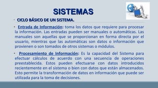• CICLO BÁSICO DE UN SISTEMA.CICLO BÁSICO DE UN SISTEMA.
• Entrada de Información: toma los datos que requiere para procesar
la información. Las entradas pueden ser manuales o automáticas. Las
manuales son aquellas que se proporcionan en forma directa por el
usuario, mientras que las automáticas son datos o información que
provienen o son tomados de otros sistemas o módulos.
• Procesamiento de Información: Es la capacidad del Sistema para
efectuar cálculos de acuerdo con una secuencia de operaciones
preestablecida. Estos pueden efectuarse con datos introducidos
recientemente en el sistema o bien con datos que están almacenados.
Esto permite la transformación de datos en información que puede ser
utilizada para la toma de decisiones.
SISTEMASSISTEMAS
 