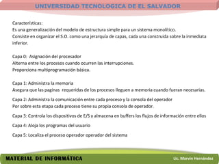 Características: Es una generalización del modelo de estructura simple para un sistema monolítico. Consiste en organizar el S.O. como una jerarquía de capas, cada una construida sobre la inmediata inferior. Capa 0:  Asignación del procesador  Alterna entre los procesos cuando ocurren las interrupciones. Proporciona multiprogramación básica. Capa 1: Administra la memoria Asegura que las paginas  requeridas de los procesos lleguen a memoria cuando fueran necesarias. Capa 2: Administra la comunicación entre cada proceso y la consola del operador Por sobre esta etapa cada proceso tiene su propia consola de operador. Capa 3: Controla los dispositivos de E/S y almacena en buffers los flujos de información entre ellos  Capa 4: Aloja los programas del usuario Capa 5: Localiza el proceso operador operador del sistema 