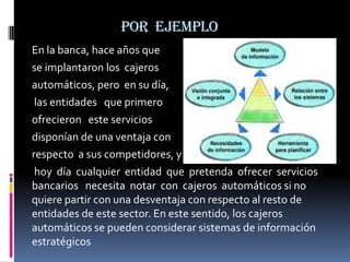 POR EJEMPLO
En la banca, hace años que
se implantaron los cajeros
automáticos, pero en su día,
 las entidades que primero
ofrecieron este servicios
disponían de una ventaja con
respecto a sus competidores, y
 hoy día cualquier entidad que pretenda ofrecer servicios
bancarios necesita notar con cajeros automáticos si no
quiere partir con una desventaja con respecto al resto de
entidades de este sector. En este sentido, los cajeros
automáticos se pueden considerar sistemas de información
estratégicos
 