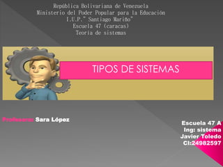 Escuela 47 A
Ing: sistema
Javier Toledo
CI:24982597
Profesora: Sara López
República Bolivariana de Venezuela
Ministerio del Poder Popular para la Educación
I.U.P.”Santiago Mariño”
Escuela 47 (caracas)
Teoría de sistemas
Tipos de sistemasTIPOS DE SISTEMAS
 