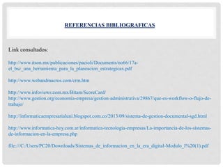REFERENCIAS BIBLIOGRAFICAS
Link consultados:
http://www.itson.mx/publicaciones/pacioli/Documents/no66/17a-
el_bsc_una_herramienta_para_la_planeacion_estrategicax.pdf
http://www.webandmacros.com/crm.htm
http://www.infoviews.com.mx/Bitam/ScoreCard/
http://www.gestion.org/economia-empresa/gestion-administrativa/29867/que-es-workflow-o-flujo-de-
trabajo/
http://informaticaempresarialuni.blogspot.com.co/2013/09/sistema-de-gestion-documental-sgd.html
http://www.informatica-hoy.com.ar/informatica-tecnologia-empresas/La-importancia-de-los-sistemas-
de-informacion-en-la-empresa.php
file:///C:/Users/PC20/Downloads/Sistemas_de_informacion_en_la_era_digital-Modulo_I%20(1).pdf
 