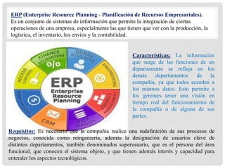 ERP (Enterprise Resource Planning - Planificación de Recursos Empresariales).
Es un conjunto de sistemas de información que permite la integración de ciertas
operaciones de una empresa, especialmente las que tienen que ver con la producción, la
logística, el inventario, los envíos y la contabilidad.
Características: La información
que surge de las funciones de un
departamento se refleja en los
demás departamentos de la
compañía, ya que todos acceden a
los mismos datos. Esto permite a
los gerentes tener una visión en
tiempo real del funcionamiento de
la compañía o de alguna de sus
partes.
Requisitos: Es necesario que la compañía realice una redefinición de sus procesos de
negocios, conocida como reingeniería, además la designación de usuarios clave de
distintos departamentos, también denominados superusuario, que es el persona del área
funcional, que conocen el sistema objeto, y que tienen además interés y capacidad para
entender los aspectos tecnológicos.
 