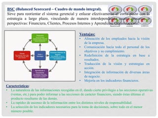 BSC (Balanced Scorecard – Cuadro de mando integral).
Sirve para reorientar el sistema gerencial y enlazar efectivamente el corto plazo con la
estrategia a largo plazo, vinculando de manera interdependiente cuatro procesos o
perspectivas: Financiera, Clientes, Procesos Internos y Aprendizaje Organizacional.
Ventajas:
• Alineación de los empleados hacia la visión
de la empresa.
• Comunicación hacia todo el personal de los
objetivos y su cumplimiento.
• Redefinición de la estrategia en base a
resultados.
• Traducción de la visión y estrategias en
acción.
• Integración de información de diversas áreas
de negocio.
• Mejoría en los indicadores financieros.
Características:
• La naturaleza de las informaciones recogidas en él, dando cierto privilegio a las secciones operativas
(ventas, etc.) para poder informar a las secciones de carácter financiero, siendo éstas últimas el
producto resultante de las demás.
• La rapidez de ascenso de la información entre los distintos niveles de responsabilidad.
• La selección de los indicadores necesarios para la toma de decisiones, sobre todo en el menor
número posible.
 
