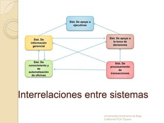 Sist. De apoyo a
                      ejecutivos




      Sist. De                            Sist. De apoyo a
   información                               la toma de
     gerencial                               decisiones




      Sist. De                               Sist. De
  conocimiento y                          procesamiento
         de                                     de
  automatización                          transacciones
    de oficinas




Interrelaciones entre sistemas
                                      Universidad Autónoma de Baja
                                      California FCA Tijuana
 