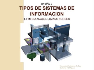 UNIDAD 2

TIPOS DE SISTEMAS DE
    INFORMACION
 L.I MIRNA ANABEL LOZANO TORRES




                        Universidad Autónoma de Baja
                        California FCA Tijuana
 