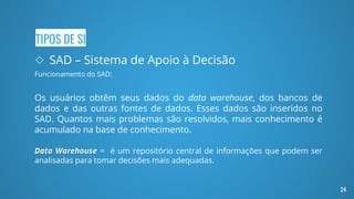 TIPOS DE SI
◇ SAD – Sistema de Apoio à Decisão
Funcionamento do SAD:
Os usuários obtêm seus dados do data warehouse, dos bancos de
dados e das outras fontes de dados. Esses dados são inseridos no
SAD. Quantos mais problemas são resolvidos, mais conhecimento é
acumulado na base de conhecimento.
Data Warehouse = é um repositório central de informações que podem ser
analisadas para tomar decisões mais adequadas.
24
 
