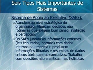 Seis Tipos Mais Importantes de
Sistemas
 Sistema de Apoio ao Executivo (SAEx):
 Atendem ao nível estratégico da
organização. Abordam decisões não
rotineiras que exigem bom senso, avaliação
e percepção.
 Os SAEs juntam as informações externas
(leis tributarias, normas) com dados
internos da empresa e produzem
informações filtradas e resumidas de dados
críticos úteis para os executivos. Trabalha
com questões não analíticas mas holísticas
 