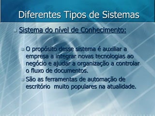 Diferentes Tipos de Sistemas
 Sistema do nível de Conhecimento:
 O propósito desse sistema é auxiliar a
empresa a integrar novas tecnologias ao
negócio e ajudar a organização a controlar
o fluxo de documentos.
 São as ferramentas de automação de
escritório muito populares na atualidade.
 