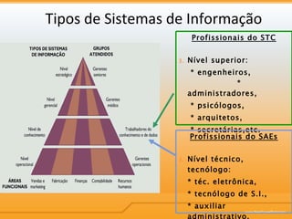 Company Name Tipos de Sistemas de Informação Profissionais do STC Nível superior:  * engenheiros,  * administradores,  * psicólogos,  * arquitetos,  * secretárias,etc. Profissionais do SAEs Nível técnico, tecnólogo:  * téc. eletrônica,  * tecnólogo de S.I., * auxiliar administrativo, * etc. 