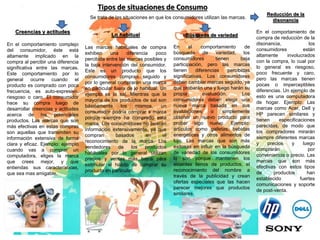Tipos de situaciones de Consumo
Se trata de las situaciones en que los consumidores utilizan las marcas.
Creencias y actitudes
En el comportamiento complejo
del consumidor, éste está
altamente implicado en la
compra al percibir una diferencia
significativa entre las marcas.
Este comportamiento por lo
general ocurre cuando el
producto es comprado con poca
frecuencia, es auto-expresivo,
riesgoso o caro. El consumidor
hace su compra luego de
desarrollar creencias y actitudes
acerca de los potenciales
productos. Las marcas que son
más efectivas en estas compras
son aquellas que transmiten su
información extensiva de forma
clara y eficaz. Ejemplo: ejemplo
cuando vas a comprar un
computadora, eliges la marca
que crees mejor, y que
entiendas sus características,
que sea mas amigable.
Lo habitual
Las marcas habituales de compra
exhiben una diferencia poco
percibida entre las marcas posibles y
la baja intervención del consumidor.
Este es un producto que los
consumidores compran seguido y
por lo general comprarán una marca
en particular fuera de lo habitual. Un
ejemplo es la sal. Mientras que la
mayoría de los productos de sal son
básicamente los mismos, un
consumidor podría comprar x marca
porque siempre ha comprado esta
marca. Los consumidores no buscan
información extensivamente, ya que
compran basados en el
reconocimiento de la marca. Los
vendedores de los productos
habituales por lo general utilizan
precios y ventas más bajos para
estimular el hábito de comprar su
producto en particular.
Búsqueda de variedad
En el comportamiento de
búsqueda de variedad, los
consumidores tienen baja
participación, pero las marcas
tienen diferencias percibidas
significativas. Los consumidores
deben cambiar marcas seguido, ya
que probarán una y luego harán su
propia evaluación. Los
consumidores deben elegir una
nueva marca basada en sus
evaluaciones o simplemente
obtener un nuevo producto para
probar algo nuevo. Ejemplo:
artículos como galletas, bebidas
energéticas y otros alimentos de
lujo. Las marcas que son más
exitosas en influir en la búsqueda
de variedad de los consumidores
lo son porque mantienen los
estantes llenos de productos, el
reconocimiento del nombre a
través de la publicidad y crean
ofertas especiales que las hacen
parecer mejores que productos
similares.
Reducción de la
disonancia
En el comportamiento de
compra de reducción de la
disonancia, los
consumidores están
altamente involucrados
con la compra, lo cual por
lo general es riesgoso,
poco frecuente y caro,
pero las marcas tienen
pocas o imperceptibles
diferencias. Un ejemplo de
esto es una computadora
de hogar. Ejemplo: Las
marcas como Acer, Dell y
HP parecen similares y
tienen especificaciones
parecidas, de modo que
los compradores mirarán
siempre diferentes marcas
y precios y luego
comprarán por
conveniencia o precio. Las
marcas que son más
efectivas con estos tipos
de productos han
establecido fuertes
comunicaciones y soporte
de post-venta.
 