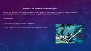 Sistemas de información Estratégicos
Son los que ayudan a los administradores del nivel superior (o alta gerencia) a abordar y resolver cuestiones
estratégicas y tendencias a largo plazo, tanto en la compañía como en su entorno exterior.
Caracteristicas
• Contribuyen al logro de una meta estratégica.
• Apoya él proceso de innovación De productos dentro de la empresa.
 