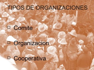 TIPOS DE ORGANIZACIONES
 Comite
 Organizacion
 Cooperativa
 