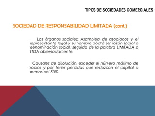 TIPOS DE SOCIEDADES COMERCIALES


SOCIEDAD DE RESPONSABILIDAD LIMITADA (cont.)

          Los órganos sociales: Asamblea d...