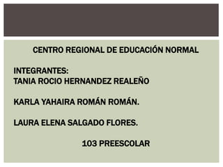 CENTRO REGIONAL DE EDUCACIÓN NORMAL

INTEGRANTES:
TANIA ROCIO HERNANDEZ REALEÑO

KARLA YAHAIRA ROMÁN ROMÁN.

LAURA ELENA SALGADO FLORES.

              103 PREESCOLAR
 
