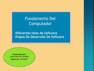 Fundamento Del 
Computador 
Diferentes tipos de Software 
Etapas De Desarrollo De Software 
Presentado por: 
Leslie Ramírez Gordian 
Matricula: 20142241 
 