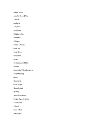 Adobe editor
Apache Open Office
Ardour
Audacity
AVG Free
Avidemux
Blog de notas
BootMed
CCleaner
Cinefx Jahshaka
Code red
Corel draw
Elk cloner
Emacs
FileLab Audio Editor
Flphoto
Freemake Video Converter
Fuze Meeting
Gimp
Gnumeric
GOM Player
Gooogle talk
Huddle
Jerusalem family
Kaspersky Anti-Virus
Kournikova
KWord
Libre office
MacroCALC
 