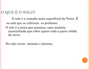 O QUE É O SOLO? O solo é a camada mais superficial da Terra. É  no solo que se cultivam  os produtos.  O solo é a terra que pisamos, uma matéria acastanhada que cobre quase toda a parte sólida da terra. No solo vivem  animais e plantas. 