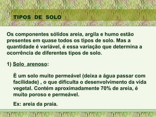TIPOS DE SOLO
Os componentes sólidos areia, argila e humo estão
presentes em quase todos os tipos de solo. Mas a
quantidade é variável, é essa variação que determina a
ocorrência de diferentes tipos de solo.
1) Solo arenoso:
È um solo muito permeável (deixa a água passar com
facilidade) , o que dificulta o desenvolvimento da vida
vegetal. Contém aproximadamente 70% de areia, é
muito poroso e permeável.
Ex: areia da praia.
 