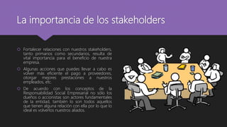La importancia de los stakeholders
 Fortalecer relaciones con nuestros stakeholders,
tanto primarios como secundarios, resulta de
vital importancia para el beneficio de nuestra
empresa.
 Algunas acciones que puedes llevar a cabo es
volver más eficiente el pago a proveedores,
otorgar mejores prestaciones a nuestros
empleados, etc.
 De acuerdo con los conceptos de la
Responsabilidad Social Empresarial no sólo los
dueños o accionistas son actores fundamentales
de la entidad, también lo son todos aquellos
que tienen alguna relación con ella por lo que lo
ideal es volverlos nuestros aliados.
 