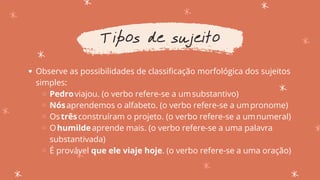 Observe as possibilidades de classificação morfológica dos sujeitos
simples:
Pedroviajou. (o verbo refere-se a umsubstantivo)
Nósaprendemos o alfabeto. (o verbo refere-se a umpronome)
Ostrêsconstruíram o projeto. (o verbo refere-se a umnumeral)
Ohumildeaprende mais. (o verbo refere-se a uma palavra
substantivada)
É provável que ele viaje hoje. (o verbo refere-se a uma oração)
Tipos de sujeito
 
