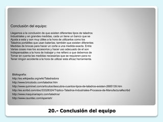 20.- Conclusión del equipo
Bibliografía:
http://es.wikipedia.org/wiki/Taladradora
http://www.bricotodo.com/taladrar.htm
http://www.quiminet.com/articulos/descubra-cuantos-tipos-de-taladros-existen-2685139.htm
http://es.scribd.com/doc/33328324/Triptico-Taladros-Industriales-Procesos-de-Manufactura#scribd
http://www.maquinariapro.com/taladros/
http://www.csunitec.com/spanish/
Conclusión del equipo:
Llegamos a la conclusión de que existen diferentes tipos de taladros
Industriales y en grandes medidas, cada un tiene un banco que se
Ajusta a esta y son muy útiles a la hora de utilizarlos como los
Taladros portátiles que usan baterías; también que existen diferentes
Medidas de brocas para hacer un corte a una medida exacta. Entre
Varias cosas mas los accesorios y hacer uso adecuado de el son
Indispensables a la hora de trabajar y me refiero a que debemos de
Tomar en cuenta las medidas necesarias que se requieren para no
Tener ningún accidente a la hora de utilizar esta eficaz herramienta.
 