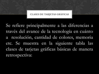 CLASES DE TARJETAS GRÁFICAS



Se refiere principalmente a las diferencias a
través del avance de la tecnología en cuánto
a resolución, cantidad de colores, memoria
etc. Se muestra en la siguiente tabla las
clases de tarjetas gráficas básicas de manera
retrospectiva:
 