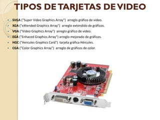 TIPOS DE TARJETAS DE VIDEO
   SVGA ("Super Video Graphics Array") arreglo gráfico de video.
   XGA ("eXtended Graphics Array") arreglo extendido de gráficos.
   VGA ("Video Graphics Array") arreglo gráfico de video.
   EGA ("Enhaced Graphics Array") arreglo mejorado de gráficos.
   HGC ("Hercules Graphics Card") tarjeta gráfica Hércules.
   CGA ("Color Graphics Array") arreglo de gráficos de color.
 