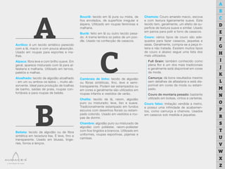A
B
C
D
E
F
G
H
I
J
K
L
M
N
O
P
R
S
T
U
V
W
X
Z
A
C
B
Acrílico: é um tecido sintético parecido
com a lã, macio e com pouca absorção.
Usado em roupas para esportes e ma-
lhas.
Alpaca: fibra leve e com brilho suave. Em
geral, aparece misturado com lã para al-
faiataria e malharia. Utilizado em ternos,
paletós e malhas.
Atoalhado: tecido de algodão atoalhado
- em um ou ambos os lados -, muito ab-
sorvente. Ideal para produção de toalhas
de banho, saídas de praia, roupas con-
fortáveis e para roupas de bebês.
Batista: tecido de algodão ou de fibra
sintética em tecedura lisa. É leve, fino e
transparente. Usado em blusas, linge-
ries, forros e lenços.
Bouclê: tecido em lã pura ou mista, de
fios enrolados, de superfície irregular e
áspera. Utilizado em roupas femininas e
malharia.
Buclê: feito em lã ou outro tecido pesa-
do. A trama lembra os pelos de um poo-
dle. Usado na confecção de casacos.
Cambraia de linho: tecido de algodão
ou fibras sintéticas, fino, leve e semi-
transparente. Podem ser estampados ou
em cores e geralmente são utilizados em
roupas infantis e vestidos de verão.
Challis: tecido de lã, raiom, algodão
puro ou misturado; leve, liso e suave.
Tradicionalmente estampado em fundos
escuros com desenhos florais ou estam-
pado colorido. Usado em vestidos e rou-
pas de dormir.
Chambre: algodão puro ou misturado de
algodão com poliéster, raiom-poliéster
com fios tingidos e brancos. Utilizado em
uniformes, roupas esportivas, pijamas e
camisas.
Chamois: Couro amarelo macio, escova
e com textura ligeiramente suave. Este
tecido tem, geralmente, um efeito de su-
perfície de textura suave e similar. Usado
em panos para polir e forro de casacos.
Couro: vários tipos de couro são ade-
quados para fazer casacos, jaquetas e
saias. Geralmente, compra-se a peça in-
teira e não tratada. Existem muitos tipos
de couro e abaixo segue uma lista dos
mais utilizados.
Full Grain: também conhecido como
plena flor é um dos mais tradicionais
e geralmente está disponível em cores
da moda.
Camurça: dá bons resultados mesmo
sem detalhes de alfaiataria e está dis-
ponível em cores da moda ou estam-
pado.
Couro de montaria pesado: bastante
utilizado em bolsas, cintos e carteiras.
Couro falso: imitação vendida a metro,
e possui uma infinidade de acabamen-
tos, como camurça e chamois. Usados
em casacos sob medida e jaquetas.
 