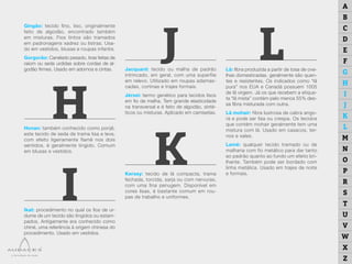 Gingão: tecido fino, liso, originalmente
feito de algodão, encontrado também
em misturas. Fios tintos são tramados
em padronagens xadrez ou listras. Usa-
do em vestidos, blusas e roupas infantis.
Gorgorão: Canelado pesado, tiras feitas de
raiom ou seda urdidas sobre cordas de al-
godão firmes. Usado em adornos e cintas.
Honan: também conhecido como ponjê,
este tecido de seda de trama lisa e leve,
com efeito ligeiramente flamê nos dois
sentidos, é geralmente tingido. Comum
em blusas e vestidos.
Jacquard: tecido ou malha de padrão
intrincado, em geral, com uma superfíie
em relevo. Utilizado em roupas adamas-
cadas, cortinas e trajes formais.
Jérsei: termo genético para tecidos lisos
em fio de malha. Tem grande elasticidade
na transversal e é feito de algodão, sinté-
ticos ou misturas. Aplicado em camisetas.
Kersey: tecido de lã compacta, trama
fechada, torcida, sarja ou com nervuras,
com uma fina penugem. Disponível em
cores lisas, é bastante comum em rou-
pas de trabalho e uniformes.
Lã: fibra produzida a partir de tosa de ove-
lhas domesticadas, geralmente são quen-
tes e resistentes. Os indicados como “lã
pura” nos EUA e Canadá possuem 1005
de lã virgem. Já os que recebem a etique-
ta “lã mista” contém pelo menos 55% des-
sa fibra misturada com outra.
Lã mohair: fibra lustrosa de cabra ango-
rá e pode ser lisa ou crespa. Os tecidos
que contém mohair geralmente tem uma
mistura com lã. Usado em casacos, ter-
nos e xales.
Lamê: qualquer tecido tramado ou de
malharia com fio metálico para dar tanto
ao padrão quanto ao fundo um efeito bri-
lhante. Também pode ser bordado com
linha metálica. Usado em trajes de noite
e formais.
Ikat: procedimento no qual os fios de ur-
dume de um tecido são tingidos ou estam-
pados. Antigamente era conhecido como
chiné, uma referência à origem chinesa do
procedimento. Usado em vestidos.
H
J L
K
I
A
B
C
D
E
F
G
H
I
J
K
L
M
N
O
P
R
S
T
U
V
W
X
Z
 