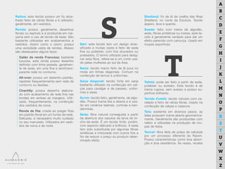 Ratina: este tecido possui um fio atoa-
lhado feito de várias fibras e é utilizado,
geralmente, em vestidos.
Renda: possui, geralmente, desenhos
florais ou espirais e é produzida em má-
quina sem o uso de tecido de base. São
bastante utilizadas em acabamentos e
vestidos. Assim como o raiom, possui
uma variedade vasta de rendas. Abaixo
são destacados alguns tipos:
Galão de renda Francesa: bastante
luxuosa, esta renda possui desenho
definido com linha pesada, geralmen-
te de seda, em uma fina e semitrans-
parente rede no contorno.
All-over: possui um desenho padrão,
repetido frequentemente sem rede de
contorno ou festões.
Chantilly: possui desenho elabora-
do com acabamento de rede fina nas
bordas em ambas as margens. Utili-
zado, frequentemente, na confecção
dos vestidos de noiva.
Renda de fita: criada ao pregar fitas
em padrão floral em um fundo de rede.
Delicada, é necessário muito cuidado
no seu manuseio. Utilizados em vesti-
dos de noiva e de noite.
Sári: este tecido tem um design diver-
sificado e muitas vezes é feito de seda
fina ou poliéster, com fios dourados ou
prateados. O termo utilizado para desig-
nar esta fibra, refere-se a um corte usa-
do pelas mulheres ao sul da Ásia.
Sarja: tecido macio feito de lã pura ou
mista em linhas diagonais. Comum na
confecção de ternos e uniformes.
Sarja diagonal: tecido forte em sarja
bastante utilizado na confecção em cal-
ças para cavalgar e de passeio, unifor-
mes e saias.
Scrim: tecido feito, geralmente, de algo-
dão. Possui trama lisa e aberta e é usa-
do em cenários teatrais, cortinas e ban-
deirinhas.
Seda: fibra natural conseguida a partir
da abertura dos casulos da larva do bi-
cho-da-seda. É um tecido forte, porém,
com aspecto delicado e brilhoso. A seda
tem sido substituída por algumas fibras
sintéticas e misturada com outros fios a
fim de reduzir o preço ou produzir deter-
minado efeito.
S
T
Shetland: fio de lã de ovelha das Ilhas
Shetland, no norte da Escócia. Tecido
áspero, leve e quente.
Suede: feito com trama de algodão,
seda, fibras sintéticas ou mistas, este te-
cido é geralmente cardado para dar um
efeito parecido com camurça. Usado em
roupas esportivas.
Tafetá: pode ser feito a partir de seda,
poliéster ou acetato. Este tecido é de
trama rugosa, sem avesso e possui su-
perfície brilhante.
Tecido Cotelê: tecido robusto com ca-
nelado e feito de várias fibras. Usado na
confecção de calças e casacos.
Tela: existente em diversos pesos, as
telas possuem trama aberta geometrica-
mente. Geralmente são produzidas com
náilon e utilizadas na produção de rou-
pas de festa.
Tencel: fibra feita de polpa de celulose
por um processo diferente do Raiom.
Possui características como boa absor-
ção e boa resistência. Às vezes, recebe
A
B
C
D
E
F
G
H
I
J
K
L
M
N
O
P
R
S
T
U
V
W
X
Z
 