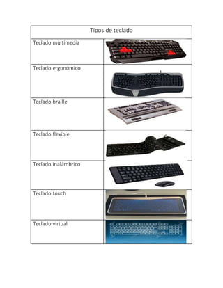 Tipos de teclado
Teclado multimedia
Teclado ergonómico
Teclado braille
Teclado flexible
Teclado inalámbrico
Teclado touch
Teclado virtual
 