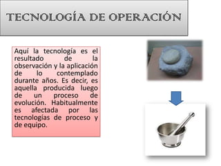 TECNOLOGÍA DE OPERACIÓN

 Aquí la tecnología es el
 resultado       de        la
 observación y la aplicación
 de      lo   contemplado
 durante años. Es decir, es
 aquella producida luego
 de     un   proceso      de
 evolución. Habitualmente
 es afectada por las
 tecnologías de proceso y
 de equipo.
 
