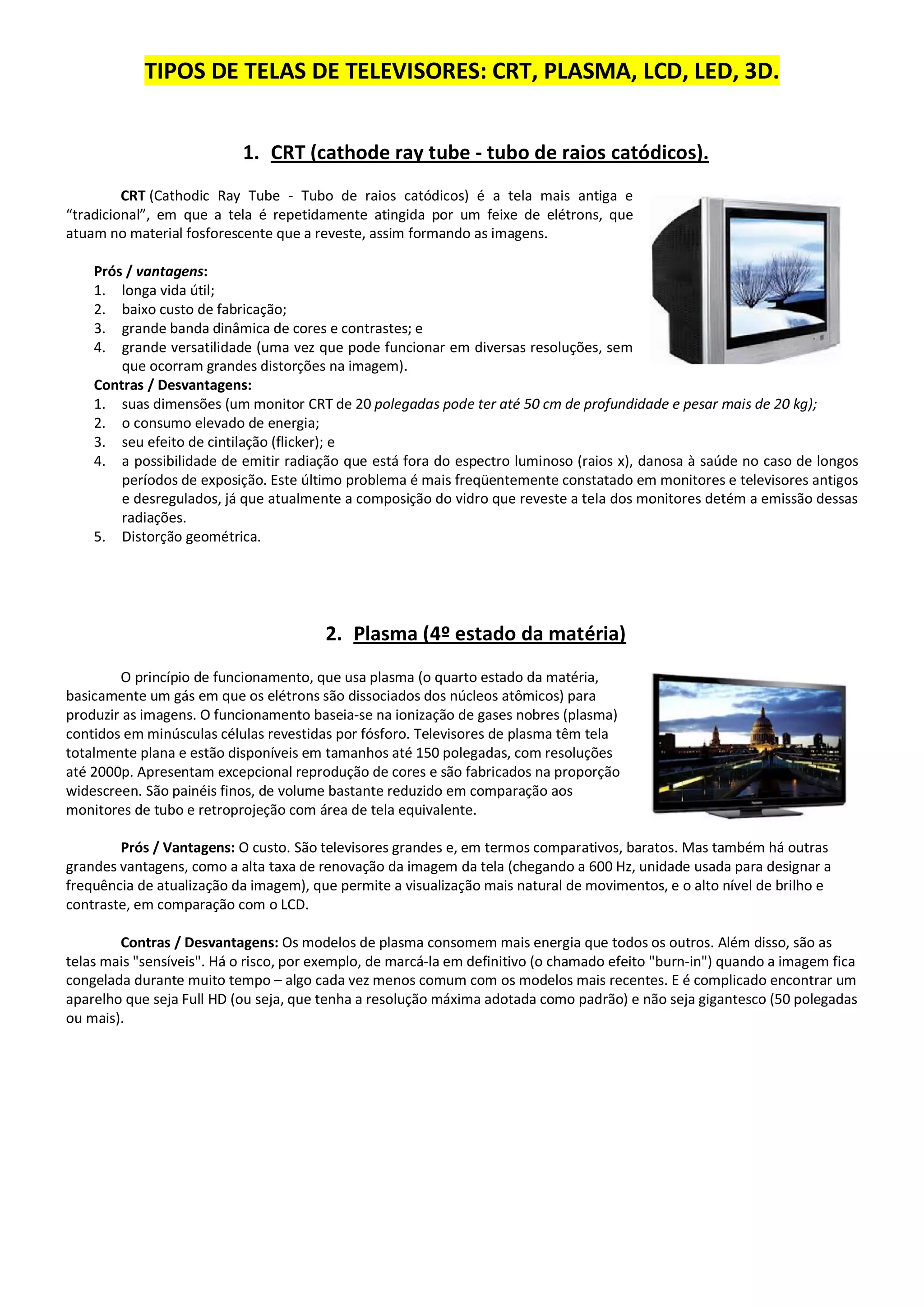 Tipos de telas de televisores crt, plasma, lcd, led, 3 d | PDF
