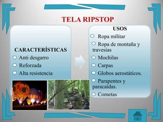 TELA RIPSTOP
                                USOS
                         Ropa militar
                         Ropa de montaña y
CARACTERÍSTICAS       travesías
 Anti desgarro           Mochilas
 Reforzada               Carpas
 Alta resistencia        Globos aerostáticos.
                         Parapentes y
                      paracaídas.
                         Cometas
 