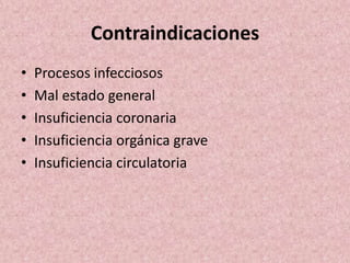 Contraindicaciones 
• Procesos infecciosos 
• Mal estado general 
• Insuficiencia coronaria 
• Insuficiencia orgánica grave 
• Insuficiencia circulatoria 
 