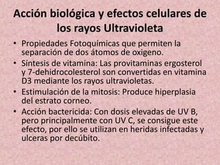 Acción biológica y efectos celulares de 
los rayos Ultravioleta 
• Propiedades Fotoquímicas que permiten la 
separación de dos átomos de oxigeno. 
• Síntesis de vitamina: Las provitaminas ergosterol 
y 7-dehidrocolesterol son convertidas en vitamina 
D3 mediante los rayos ultravioletas. 
• Estimulación de la mitosis: Produce hiperplasia 
del estrato corneo. 
• Acción bactericida: Con dosis elevadas de UV B, 
pero principalmente con UV C, se consigue este 
efecto, por ello se utilizan en heridas infectadas y 
ulceras por decúbito. 
 