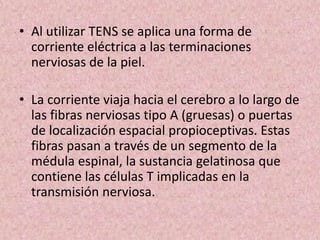 • Al utilizar TENS se aplica una forma de 
corriente eléctrica a las terminaciones 
nerviosas de la piel. 
• La corriente viaja hacia el cerebro a lo largo de 
las fibras nerviosas tipo A (gruesas) o puertas 
de localización espacial propioceptivas. Estas 
fibras pasan a través de un segmento de la 
médula espinal, la sustancia gelatinosa que 
contiene las células T implicadas en la 
transmisión nerviosa. 
 