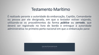 Testamento do cego art. 1.867 do CC
Ao cego só se permite o testamento público. Deverá ser lido duas vezes, uma vez
pelo tabelião e outra por uma das testemunhas por ele designada.
Testamento do surdo art. 1.8666 do CC
O surdo sabendo ler, lerá seu testamento. Somente poderá testar de forma pública.
Caso não saiba ler será designado quem o leia em seu lugar, presente as
testemunhas.
Testamento do analfabeto art. 1.873 e 1.864, I do CC
Só poderá testar de forma pública. Não sendo permitido testar cerrado ou
particular art. 1.872 e 1.876 §1° do CC.
Os surdos-mudos podem fazer testamento cerrado conforme expresso no art.
1.873 do CC.
 