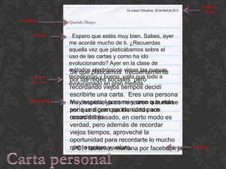 Cd Juárez Chihuahua., 26 de Abril de 2013
Querido Diego:
Espero que estés muy bien. Sabes, ayer
me acordé mucho de ti. ¿Recuerdas
aquella vez que platicábamos sobre el
uso de las cartas y como ha ido
evolucionando? Ayer en la clase de
métodos electrónicos vimos las nuevas
tecnologías y bueno, valla que todo a
evolucionado en gran medida.
Se que platicamos frecuentemente
por las redes sociales pero
recordando viejos tiempos decidí
escribirte una carta. Eres una persona
muy especial para mi y creo que esta
sería una gran oportunidad para
recordártelo.
Me despido, ya comenzaron a burlarse
por que dicen que las cartas son
cosas del pasado, en cierto modo es
verdad, pero además de recordar
viejos tiempos, aproveché la
oportunidad para recordarte lo mucho
que te quiero y valoro.
Tania S.
PD. Hablamos mañana por facebook jaja