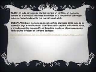 NUDO: En toda narración se plantea siempre un conflicto, un momento
cumbre en el que todas las líneas planteadas en la introducción convergen
sobre un hecho fundamental que marca todo el relato.
DESENLACE: Es el momento en que el conflicto planteado como nudo de la
narración llega a su conclusión. Si la Introducción capta la atención del lector,
y el nudo consolida la narración, el desenlace puede ser el punto en que un
relato triunfe o fracase en la mente del lector.
http://espanol.answers.yahoo.com/question/index?qid=20120220110727AAh
GaYs
 