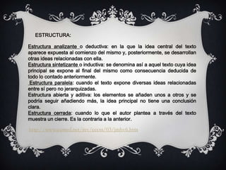 Estructura analizante o deductiva: en la que la idea central del texto
aparece expuesta al comienzo del mismo y, posteriormente, se desarrollan
otras ideas relacionadas con ella.
Estructura sintetizante o inductiva: se denomina así a aquel texto cuya idea
principal se expone al final del mismo como consecuencia deducida de
todo lo contado anteriormente.
Estructura paralela: cuando el texto expone diversas ideas relacionadas
entre sí pero no jerarquizadas.
Estructura abierta y aditiva: los elementos se añaden unos a otros y se
podría seguir añadiendo más, la idea principal no tiene una conclusión
clara.
Estructura cerrada: cuando lo que el autor plantea a través del texto
muestra un cierre. Es la contraria a la anterior.
ESTRUCTURA:
http://www.eumed.net/rev/cccss/03/jmhv6.htm
 
