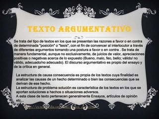 TEXTO ARGUMENTATIVO
Se trata del tipo de textos en los que se presentan las razones a favor o en contra
de determinada "posición" o "tesis", con el fin de convencer al interlocutor a través
de diferentes argumentos tomando una postura a favor o en contra . Se trata de
manera fundamental, aunque no exclusivamente, de juicios de valor, apreciaciones
positivas o negativas acerca de lo expuesto (Bueno, malo, feo, bello; válido/ no
válido, adecuado/no adecuado). El discurso argumentativo es propio del ensayo y
de la crítica en general.
La estructura de causa consecuencia es propia de los textos cuya finalidad es
analizar las causas de un hecho determinado o bien las consecuencias que se
derivan de ese hecho.
La estructura de problema solución es característica de los textos en los que se
aportan soluciones a hechos o situaciones adversos.
A esta clase de texto pertenecen generalmente Ensayos, artículos de opinión
etc...
http://es.wikipedia.org/wiki/Tipos_de_texto
 