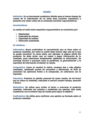 15
RESEÑA
Definición: Es un documento académico híbrido pues al mismo tiempo da
cuenta de la información de un texto base (carácter expositivo) y
presenta una visión crítica de su contenido (carácter argumentativo).
Características:
La reseña en tanto texto expositivo-argumentativo se caracteriza por:
 Objetividad
 Capacidad de síntesis
 Capacidad de análisis
 Valoración sustentada
Se clasifican:
Informativa: Busca profundizar el conocimiento que se tiene sobre el
producto reseñado, por tanto la reseña debe ofrecer algo más de lo que
se puede encontrar en otros sitios, por ejemplo, la página oficial del
producto. Se debe evitar caer en copiar y pegar información de lo
reseñado, pues estaríamos simplemente repitiendo la información. Se
aconseja recurrir a procesos como la paráfrasis, la generalización y la
supresión de información al diseñar la reseña.
Comparativa: Como su nombre lo indica, compara dos o más objetos
reseñados, señalando puntos de encuentro y diferencias. Al final se
presentan las opiniones frente a lo comparado, en coherencia con lo
expuesto.
Valorativa: Presenta la opinión personal de quien reseña, de tal forma
que se valora lo reseñado, indicando si merece nuestro tiempo, atención
o dinero.
Motivadora: Se utiliza para invitar al lector a acercarse al producto
reseñado, indicando sus aciertos y resaltando sus aportes; ésta suele
combinarse con el anterior tipo de reseña para lograr el objetivo.
Confirmativa: Se utiliza para confirmar una opinión ya formada sobre el
producto reseñado.
 
