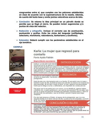 18
congruentes entre sí, que cumplen con los patrones establecidos
en clase de acuerdo con la superestructura de la reseña. Además,
da cuenta del texto base y emite juicios valorativos acerca de éste.
 Conclusión: Se retoma la idea principal en un párrafo donde se
percibe que se llegó al cierre. Se pueden incluir sugerencias y/o
puntos de vista del redactor.
 Redacción y ortografía. Incluye el correcto uso de acentuación,
puntuación y grafías. Evita los vicios del lenguaje (anfibología,
solecismo, monotonía, redundancia, barbarismo y cacofonía).
 Extensión: Deberá cumplir con los parámetros establecidos en el
eje temático.
EJEMPLO
 