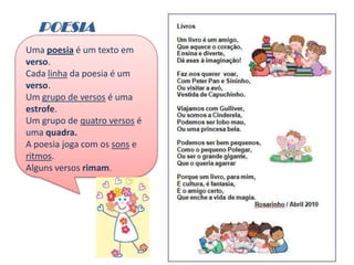 POESIA
Uma poesia é um texto em
verso.
Cada linha da poesia é um
verso.
Um grupo de versos é uma
estrofe.
Um grupo de quatro versos é
uma quadra.
A poesia joga com os sons e
ritmos.
Alguns versos rimam.
 