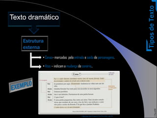 Tipos de Texto
Texto dramático




          • Cenas- marcadas pela entrada e saída de personagens.

          • Atos – indicam a mudança de cenário..




                                                                                                                          © Thera2012
                                        In: Dito e Feito; língua Portuguesa 5º ano; Porto Editora ; pág. 255
 