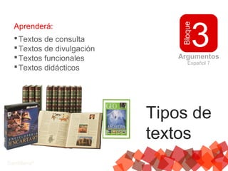 Bloque
3
Español 7
Argumentos
Santillana®
Aprenderá:
Textos de consulta
Textos de divulgación
Textos funcionales
Textos didácticos
Tipos de
textos
 